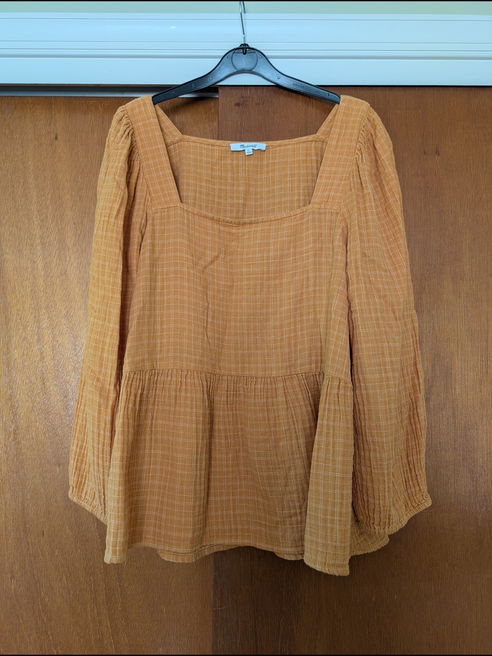 Madewell Square-Neck Long Sleeve Peasant Plaid Blouse - Orange